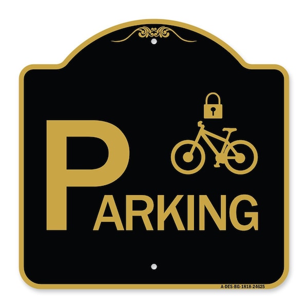 Parking With Cycle and Lock, Black & Gold Aluminum Architectural Sign, 18" x 18", BG-1818-24625
